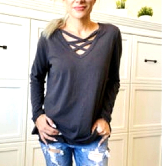 easel Tops - Easel Charcoal long sleeve criss cross long sleeve